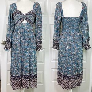 New Boutique Angie Long Sleeve Boho Twist Front Maxi Dress in Teal Floral
